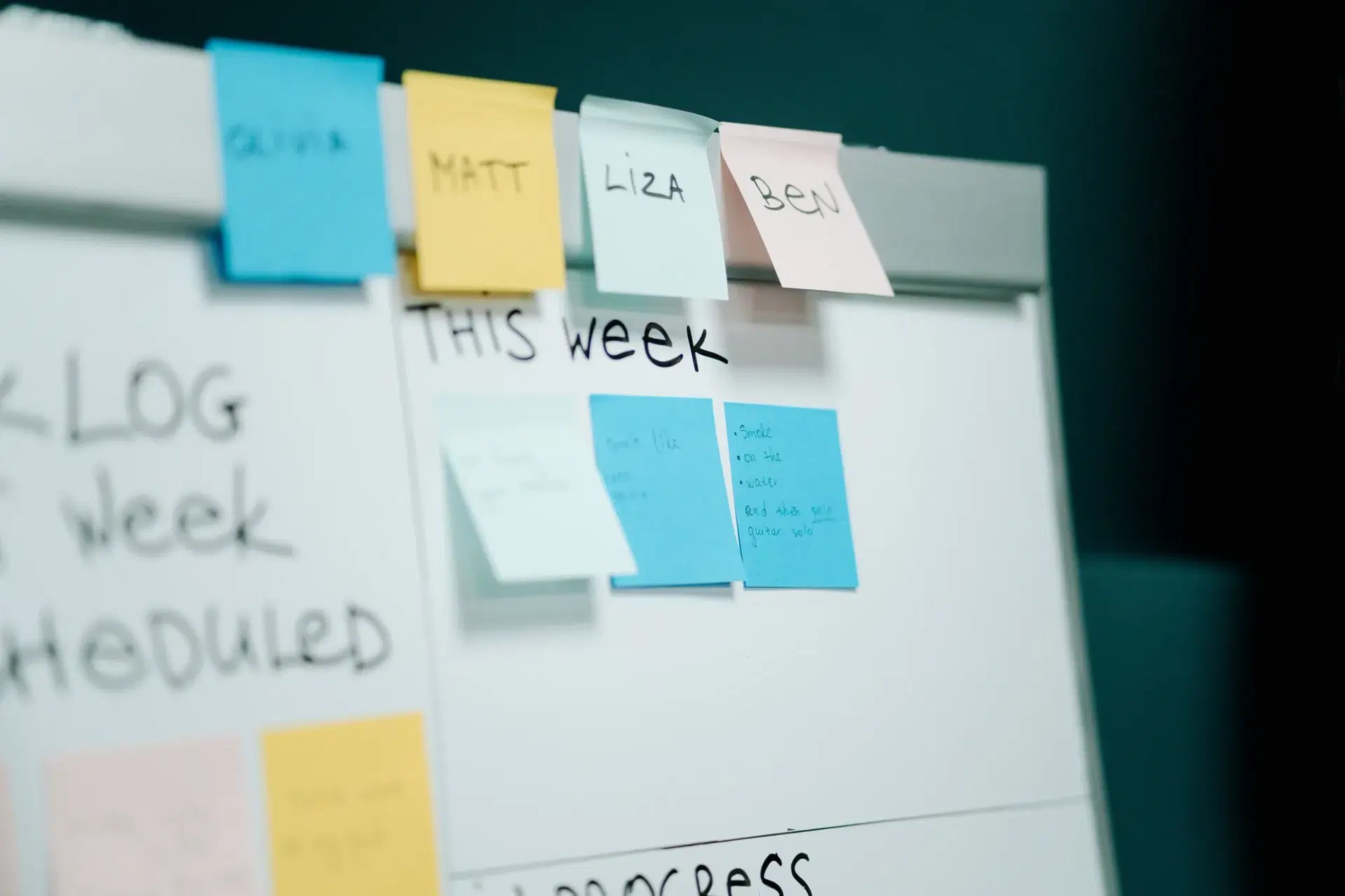 A whiteboard with sticky notes for a weekly plan
