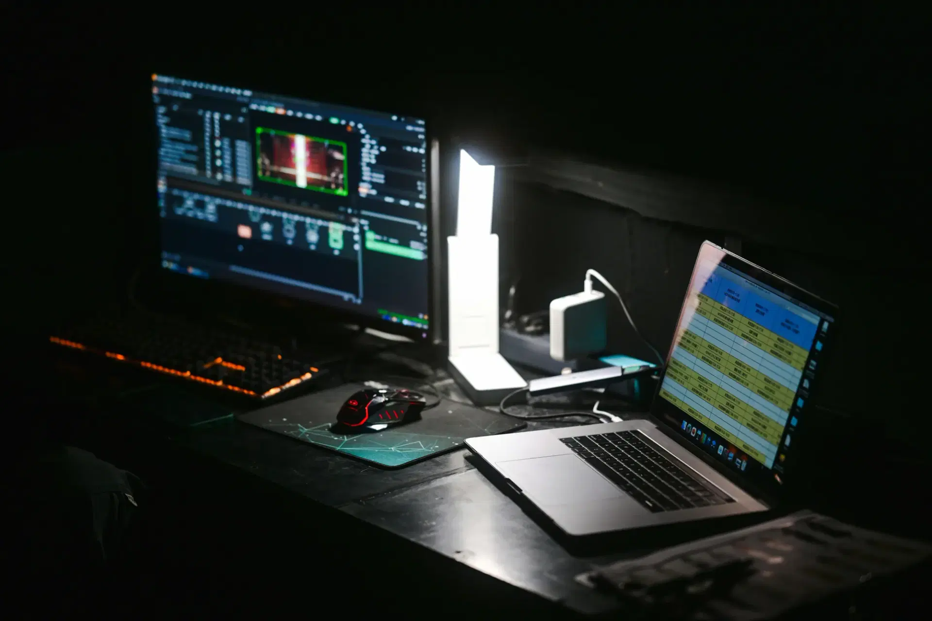 A monitor and a laptop with dashboards on a dark desk